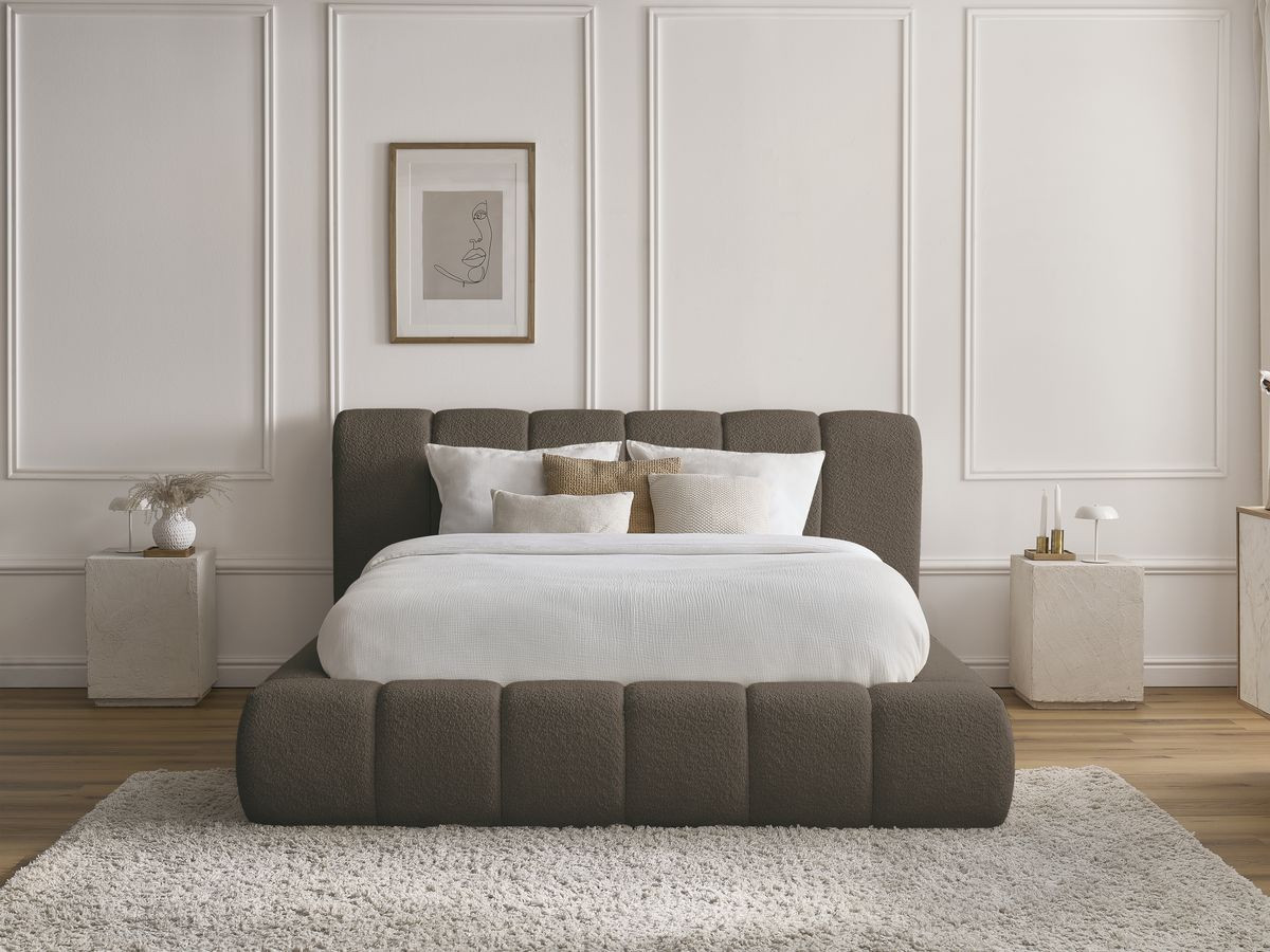 Bobochic Denali Polsterbett mit Bettkasten Bouclé-Stoff Braun, Liegefläche 140 × 190 cm