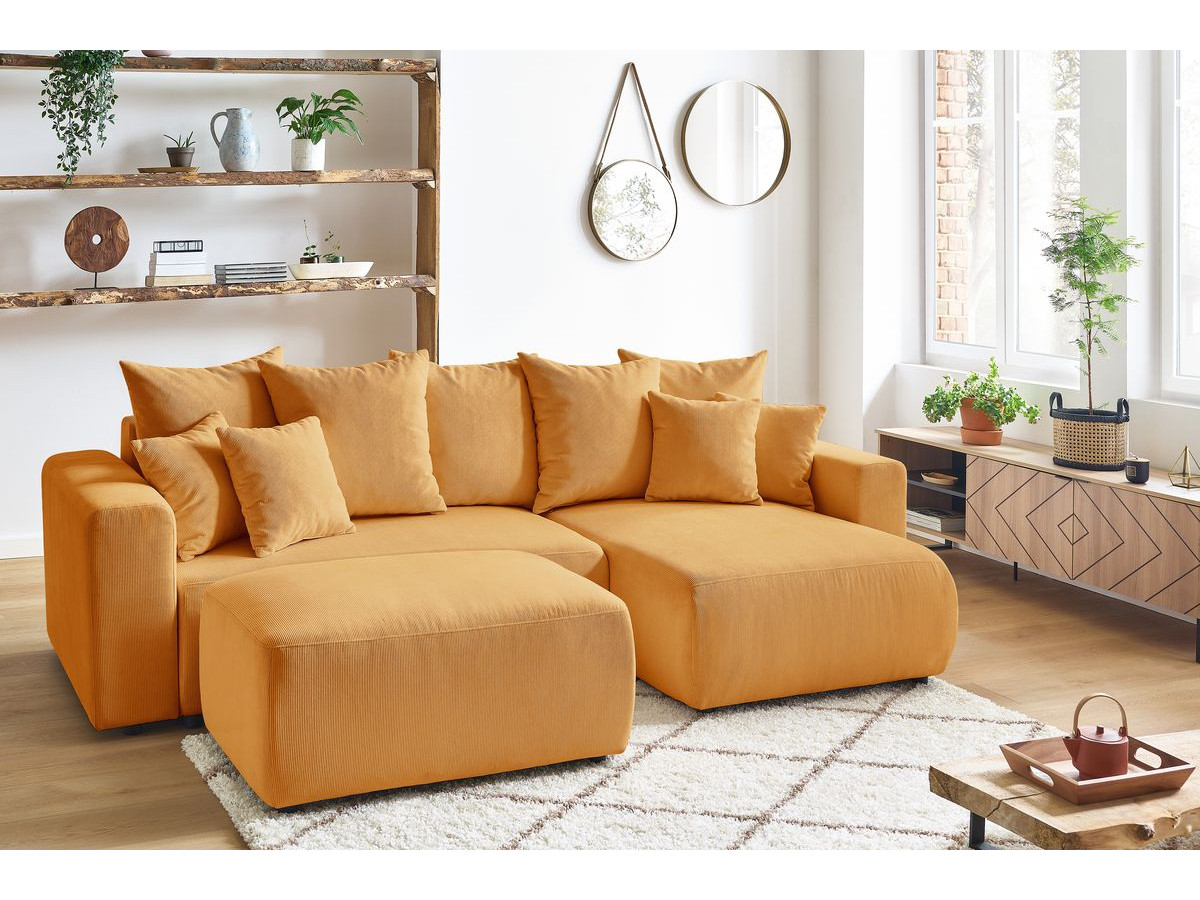 Bobochic Envy Ecksofa mit Schlaffunktion und Bettkasten und Pouf Cordsamt Gelb