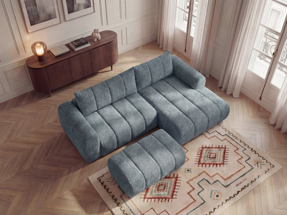 Bobochic Nesty Ecksofa 272 cm mit Pouf Melange-Stoff Blau Ecke rechts