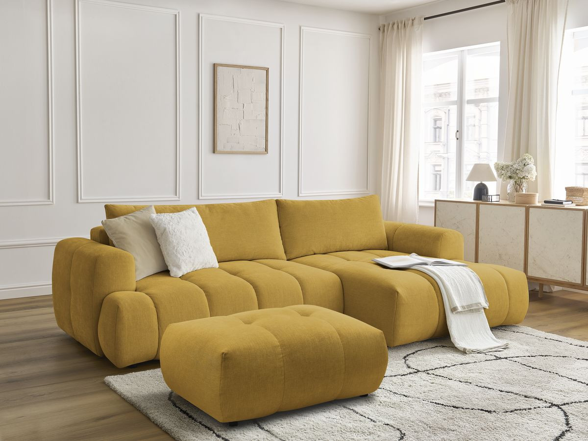 Bobochic Fuji Ecksofa mit Schlaffunktion und Bettkasten und Pouf 292 × 160 cm Stoff Gelb Ecke rechts