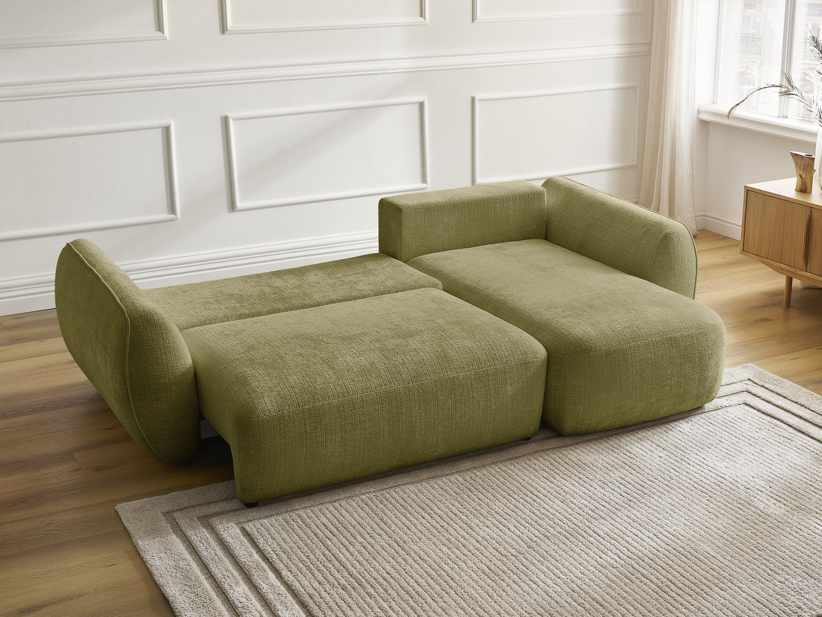 Bobochic Denise Ecksofa mit Schlaffunktion und Bettkasten 258 × 160 cm Strukturstoff Grün Ecke rechts