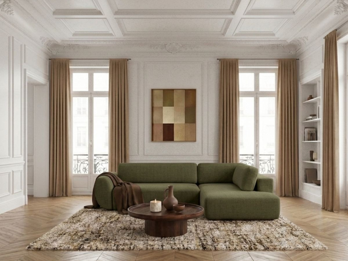 Bobochic Denise Ecksofa mit Schlaffunktion und Bettkasten 256 × 197 cm Strukturstoff Grün Ecke rechts