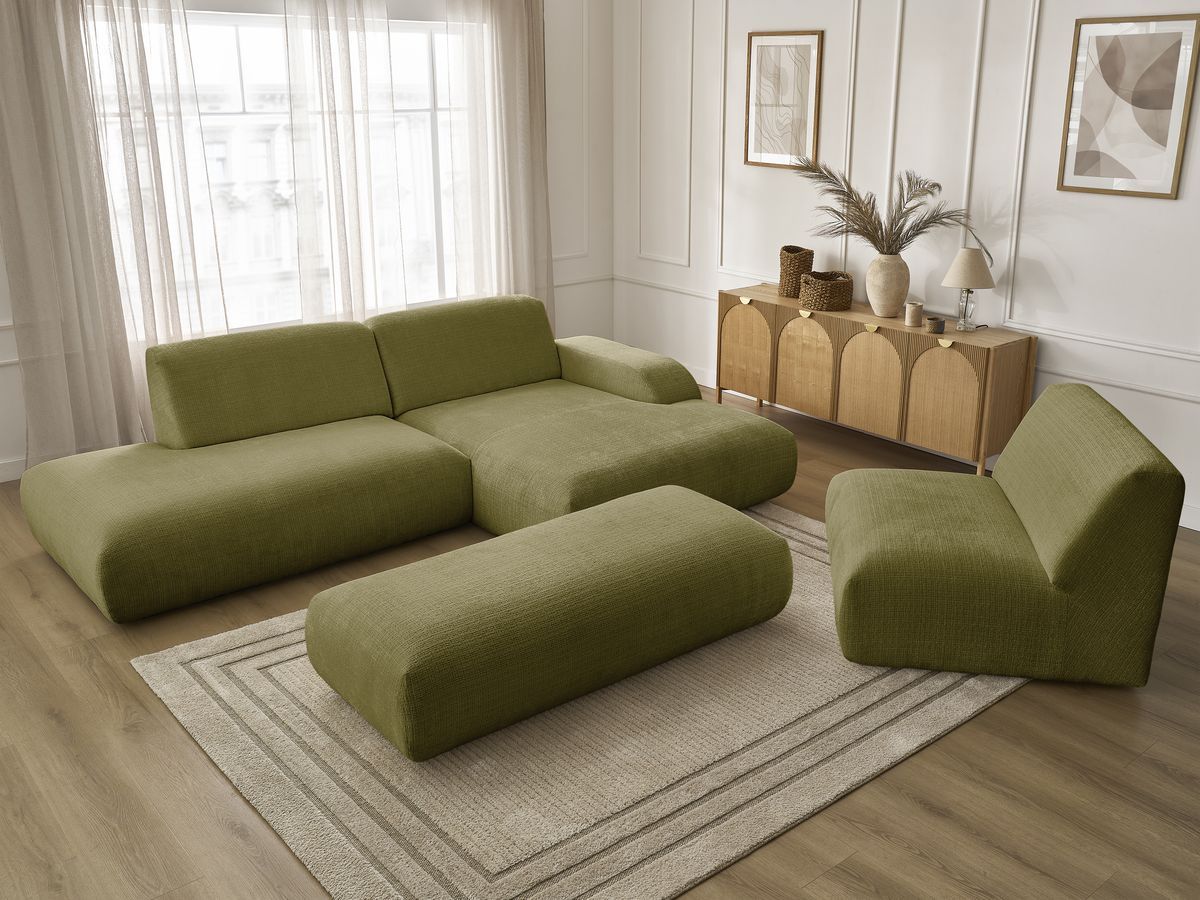 Bobochic Sirius Ecksofa mit Pouf 405 × 170 cm Strukturstoff Grün Ecke rechts