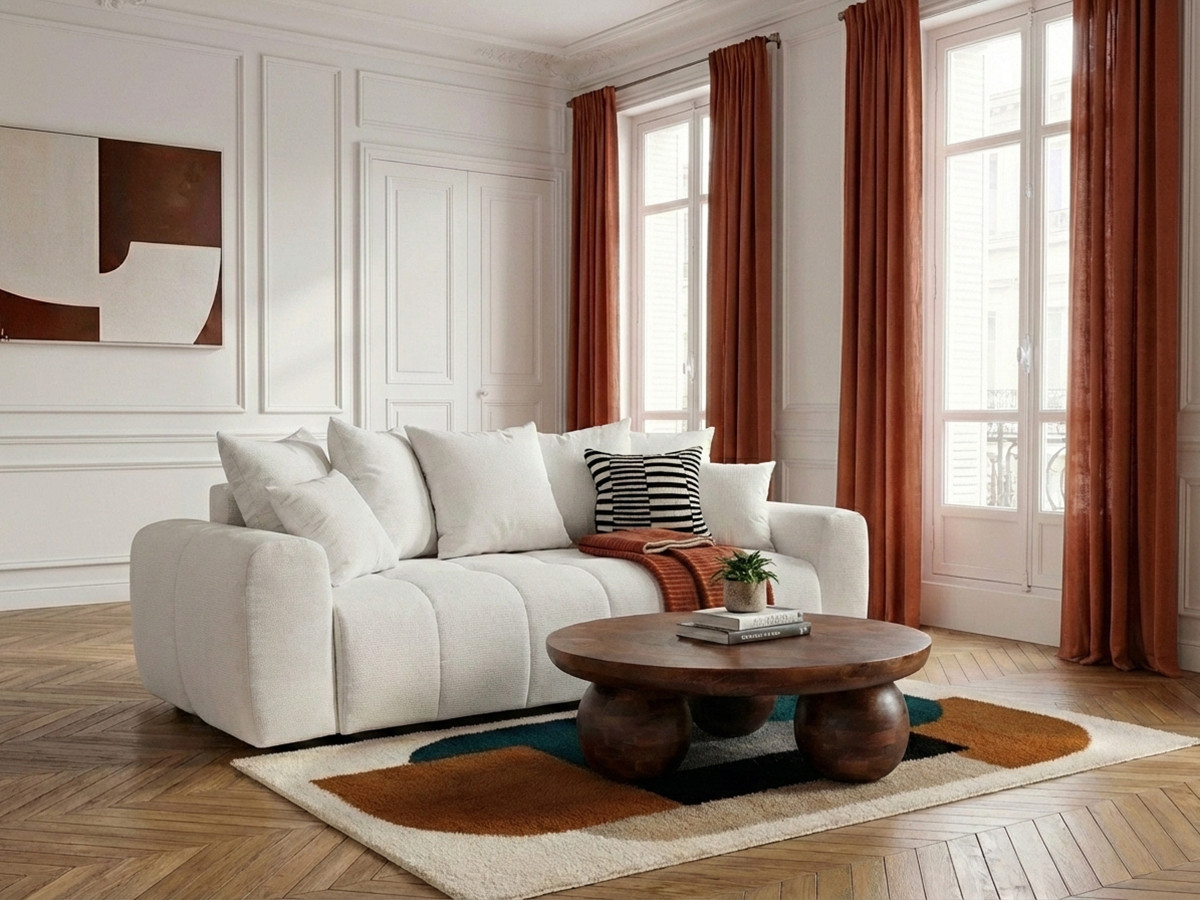 Bobochic Roxelane Schlafsofa 3-Sitzer mit Bettkasten Melange-Stoff Weiß
