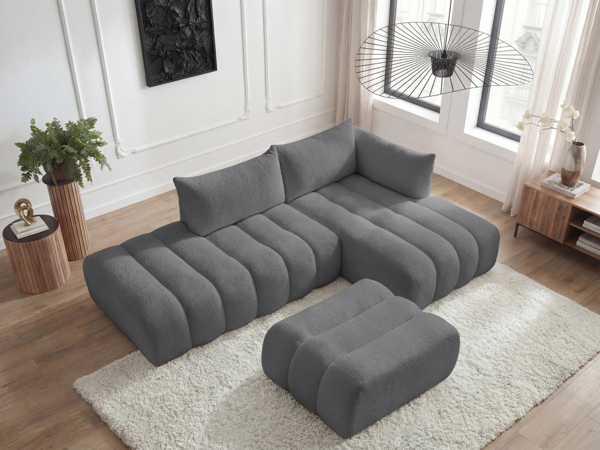 Bobochic Azra Ecksofa mit Pouf 319 × 178 cm Bouclé-Stoff Dunkelgrau Ecke rechts