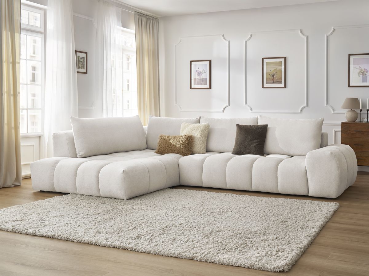 Bobochic Everest Ecksofa, 4 Kissen Strukturstoff Weiß Ecke links