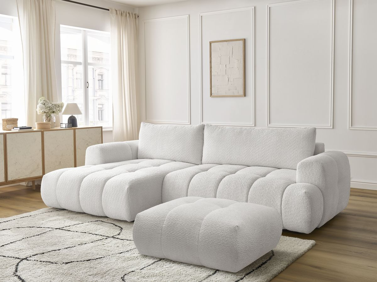 Bobochic Fuji Ecksofa mit Schlaffunktion und Bettkasten und Pouf 292 × 160 cm Bouclé-Stoff Weiß Ecke links