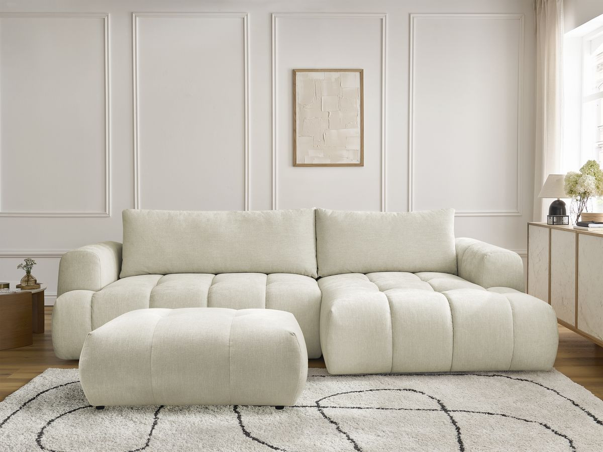 Bobochic Fuji Ecksofa mit Schlaffunktion und Bettkasten und Pouf 292 × 160 cm Stoff Beige Ecke rechts