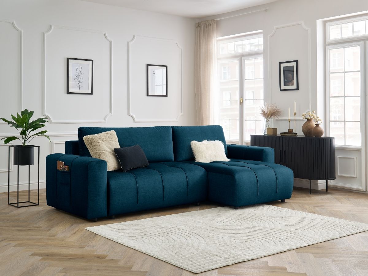 Bobochic Arsene Ecksofa mit Schlaffunktion und Bettkasten 288 × 148 cm Samt Blau