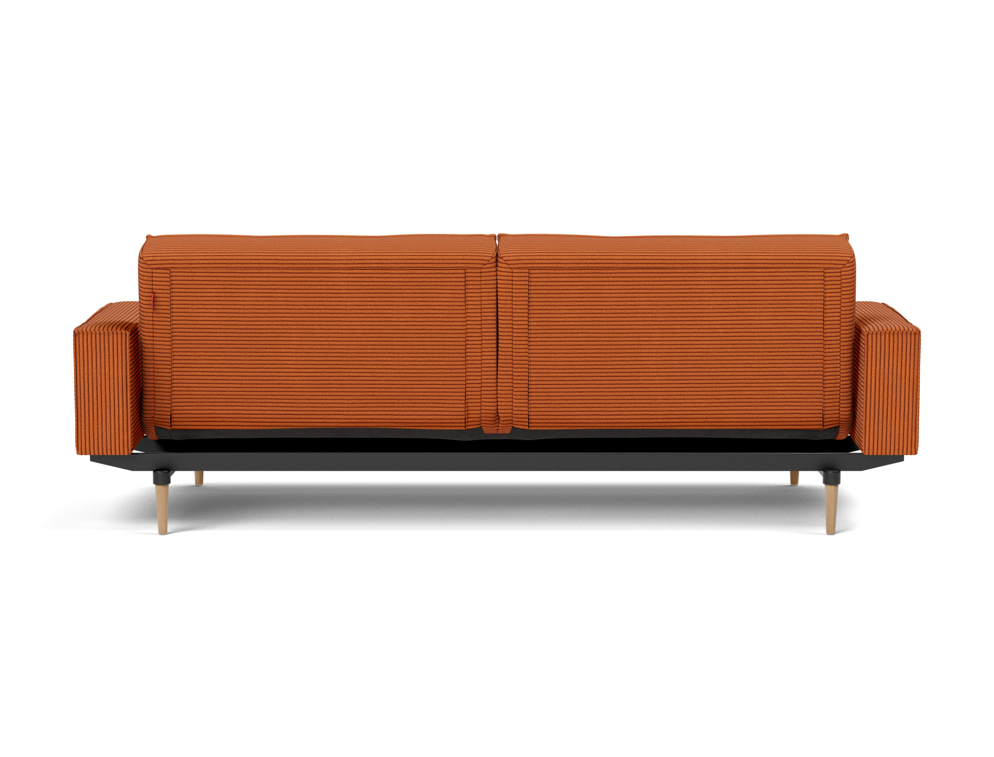 Schlafsofa Splitback mit Armlehnen Kord Corduroy 595-Burnt-Orange Beine Styletto Eiche hell