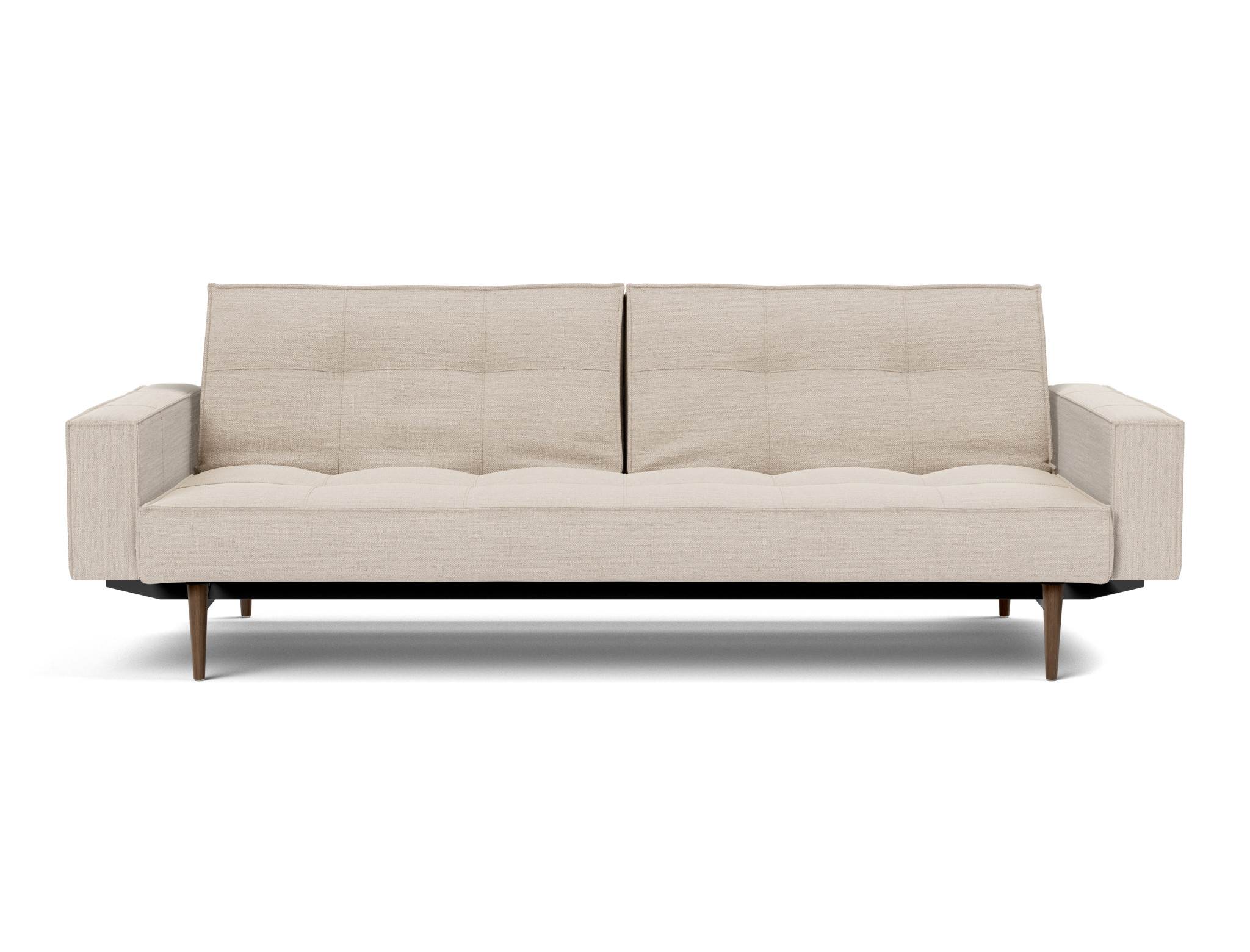 Schlafsofa Splitback mit Armlehnen Webstoff Blida 612-Sand-Grey Beine Styletto Eiche dunkel