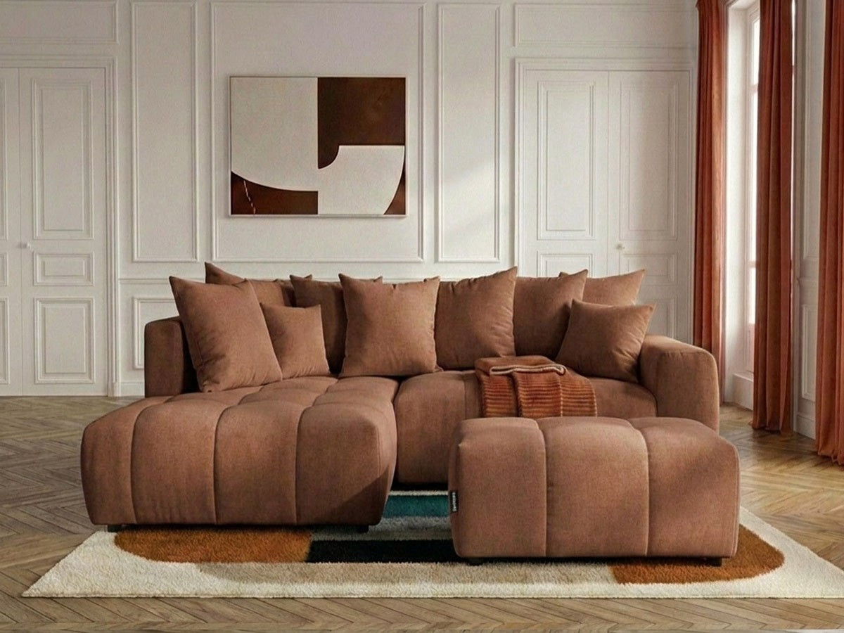 Bobochic Roxelane Ecksofa mit Schlaffunktion und Bettkasten und Pouf Melange-Stoff Orange Ecke links