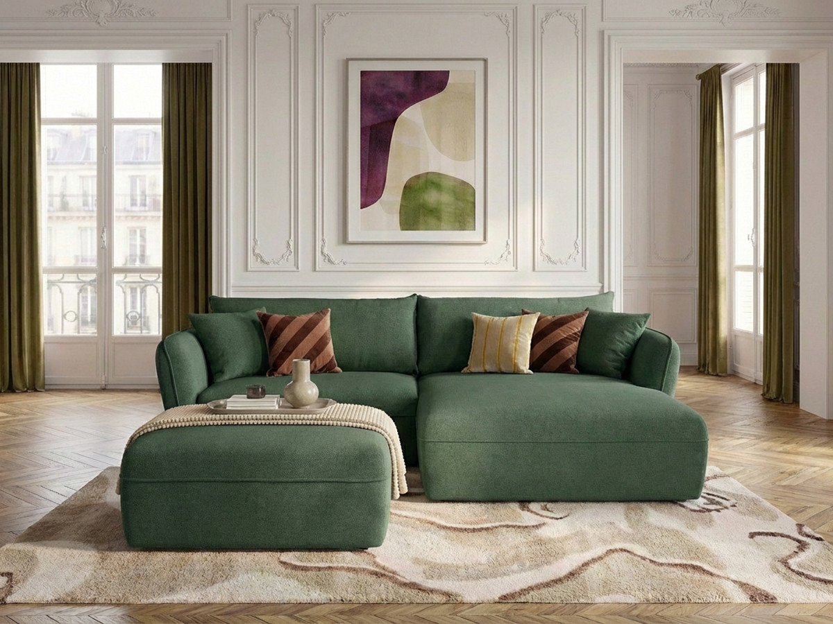 Bobochic Luigi Ecksofa mit Pouf Strukturstoff Grün Ecke rechts