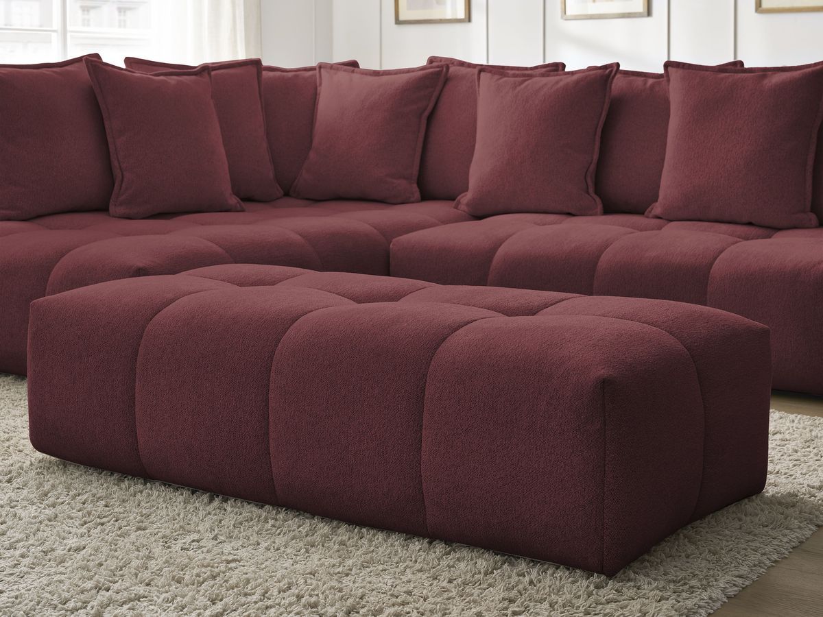 Bobochic Everest Ecksofa mit Schlaffunktion und Bettkasten und Pouf 320 × 212 cm, 10 Kissen Melange-Stoff Rot Ecke links