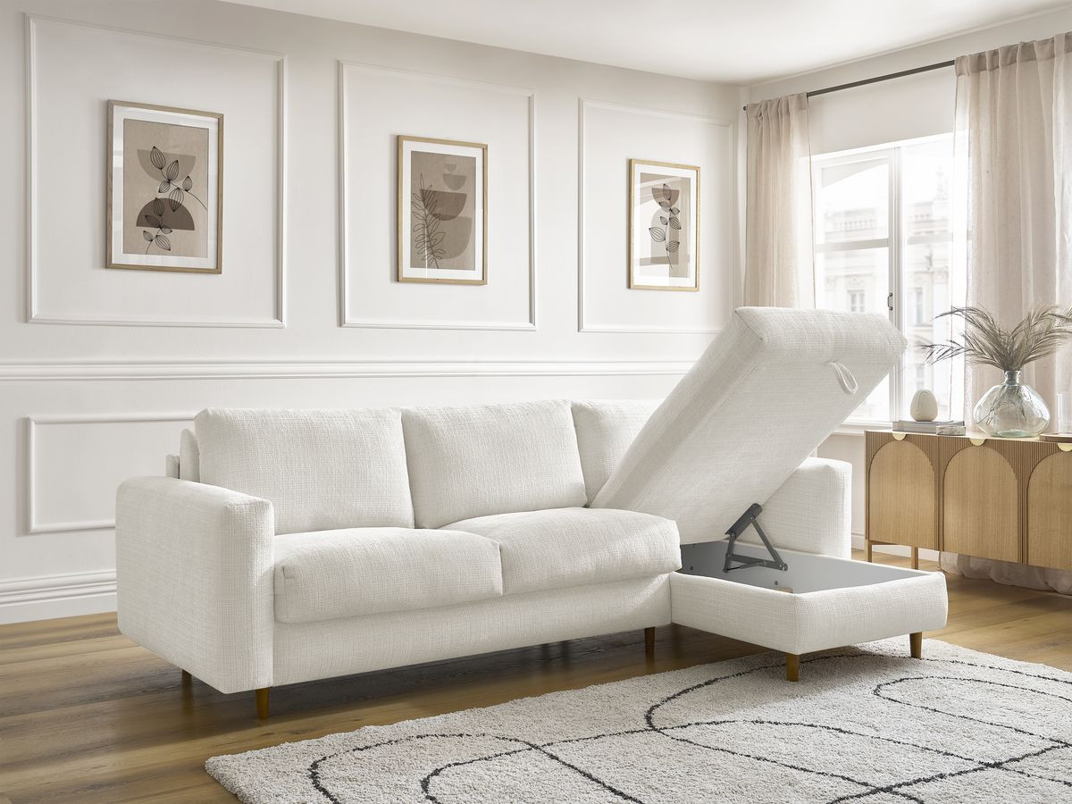 Bobochic Cocoone Ecksofa mit Schlaffunktion und Bettkasten Strukturstoff Weiß, Liegefläche 140 × 200 cm