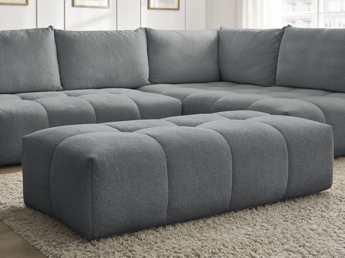 Bobochic Everest Ecksofa mit Schlaffunktion und Bettkasten und Pouf 320 × 212 cm, 5 Kissen Melange-Stoff Dunkelgrau Ecke rechts