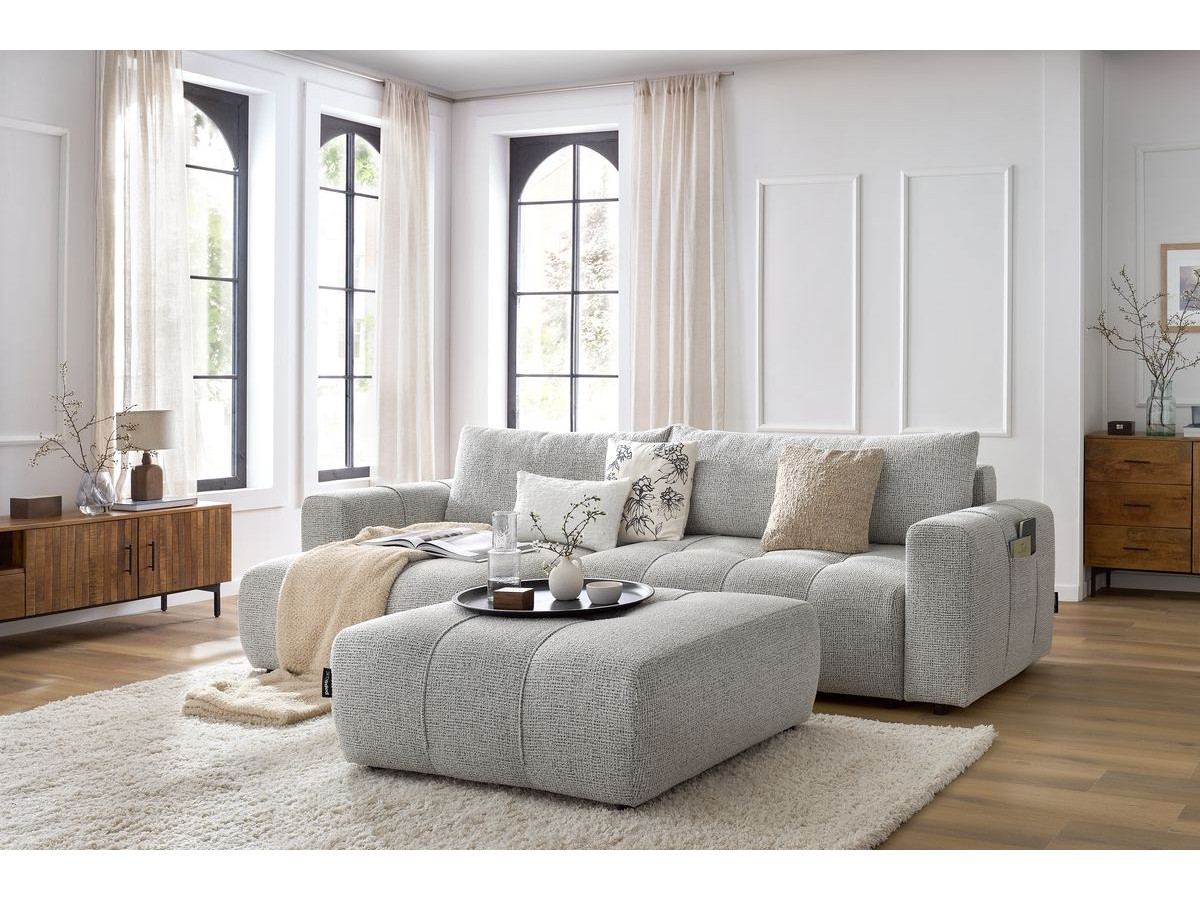 Bobochic Arsene Ecksofa mit Schlaffunktion und Bettkasten und Pouf 288 × 148 cm Melange-Stoff Hellgrau