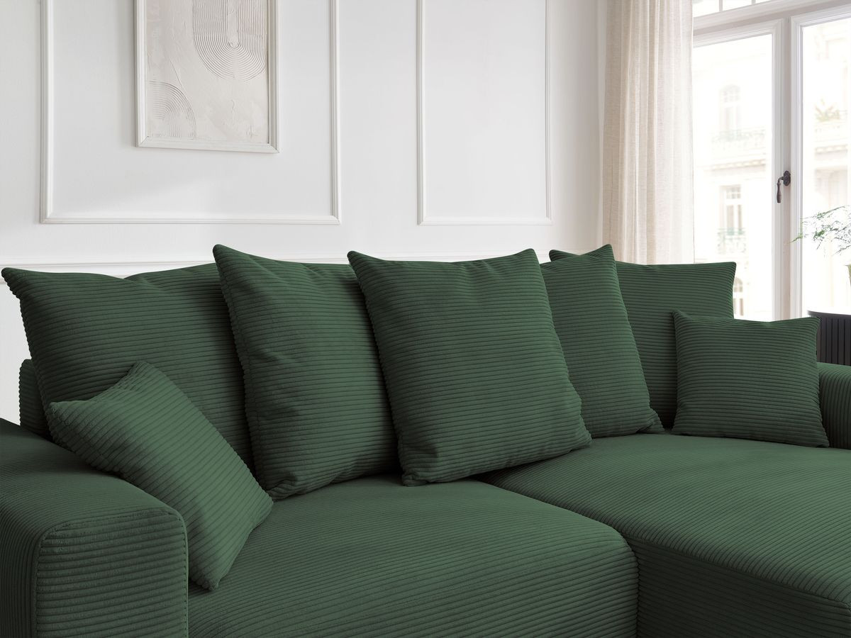 Bobochic Atilla Ecksofa mit Schlaffunktion und Bettkasten Cordsamt Dunkelgrün Ecke rechts