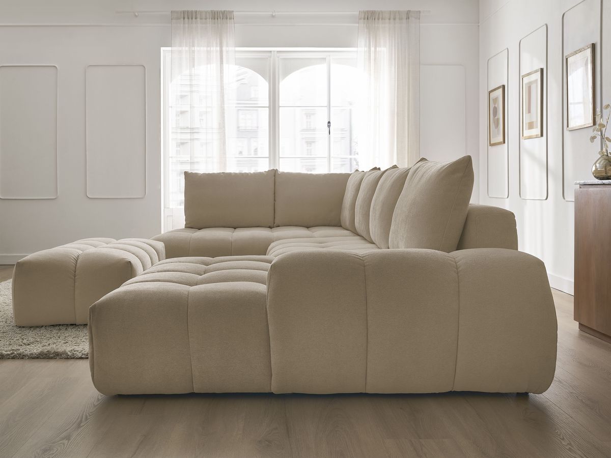 Bobochic Everest Wohnlandschaft mit Pouf, 6 Kissen Strukturstoff Taupe Ecke rechts
