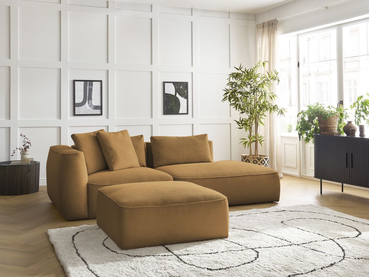 Bobochic Leopold Sofa 4-Sitzer mit Pouf Cordsamt Gelb Armlehne links