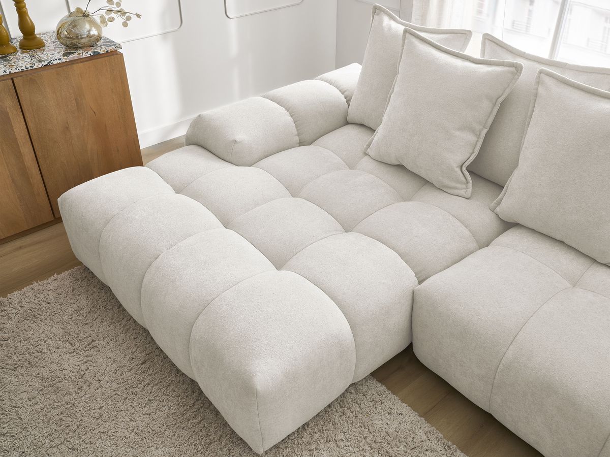 Bobochic Everest Ecksofa mit Schlaffunktion und Bettkasten 318 × 180 cm, 7 Kissen Strukturstoff Weiß Ecke links