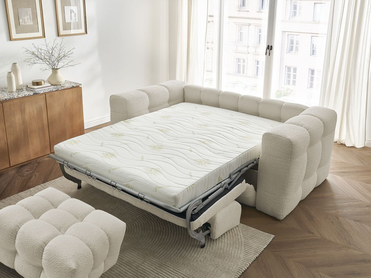 Bobochic Cloud Schlafsofa 3-Sitzer mit Pouf Bouclé-Stoff Beige