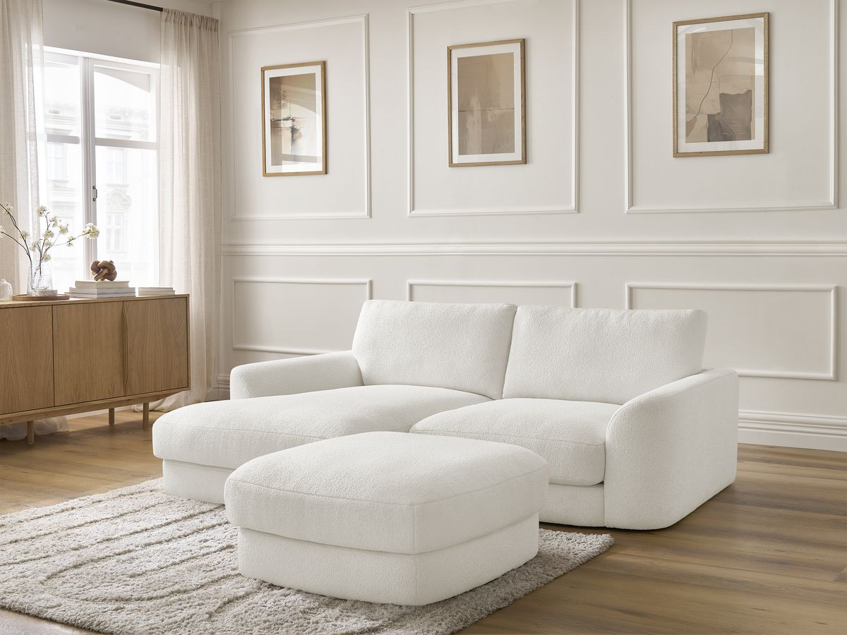 Bobochic Leonore Ecksofa mit Pouf Bouclé-Stoff Weiß Ecke links