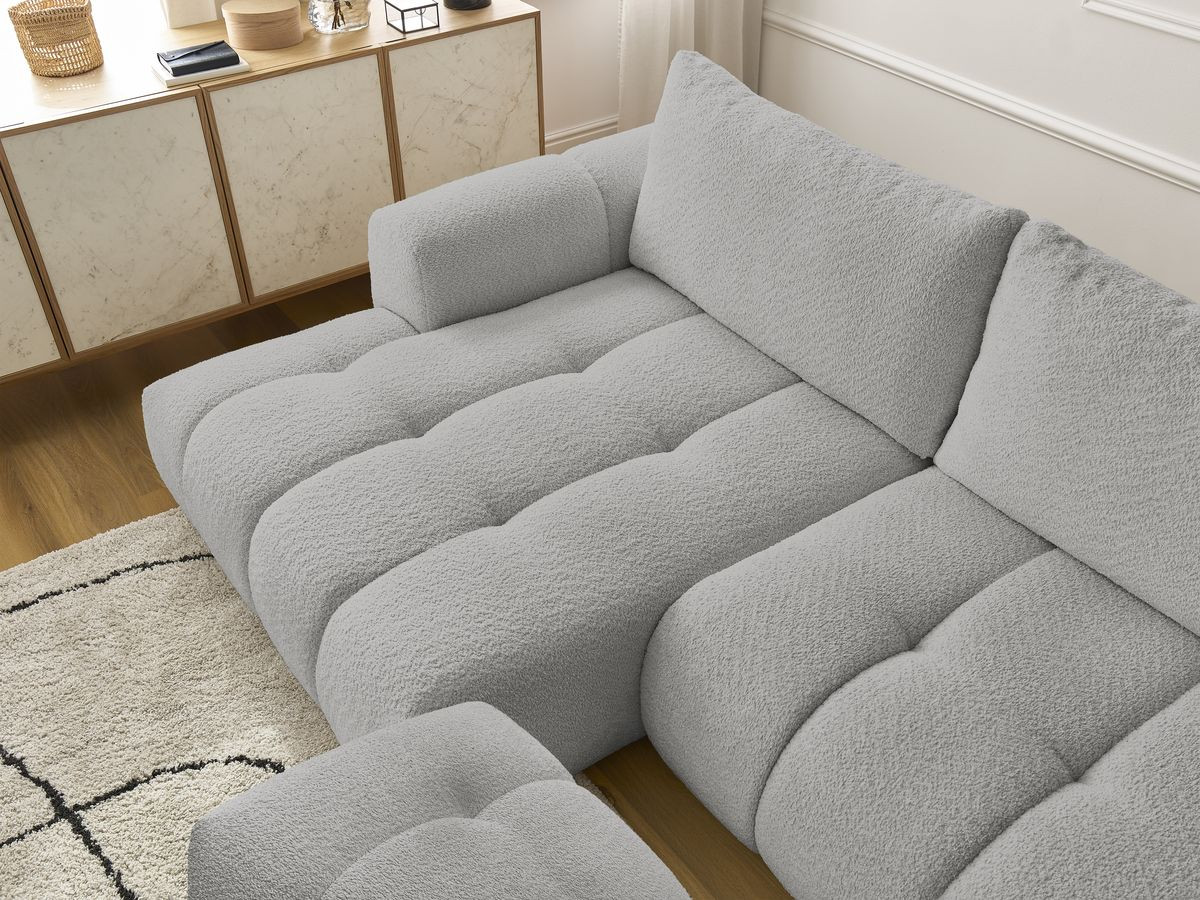 Bobochic Fuji Ecksofa mit Schlaffunktion und Bettkasten und Pouf 292 × 160 cm Bouclé-Stoff Hellgrau Ecke links
