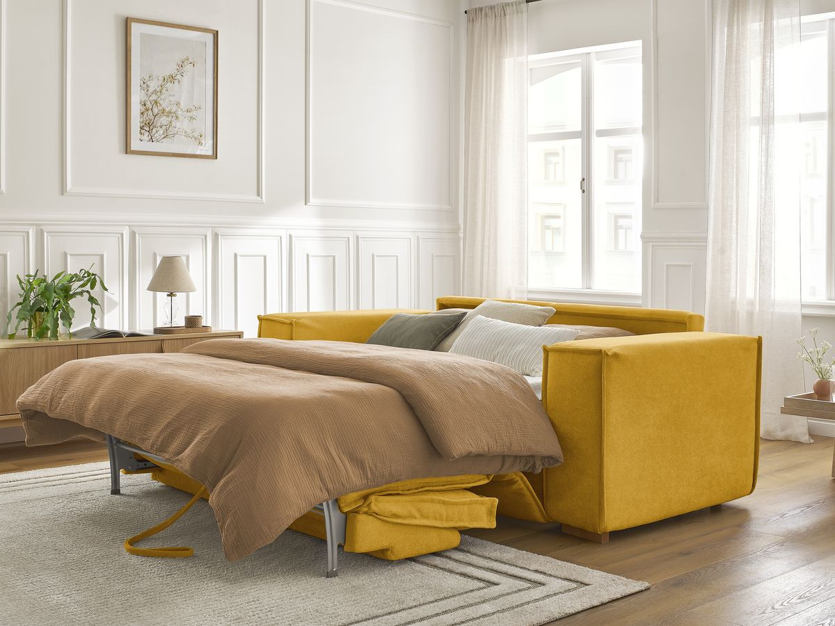 Bobochic Chelsea Schlafsofa 3-Sitzer Strukturstoff Gelb, Liegefläche 160 × 200 cm