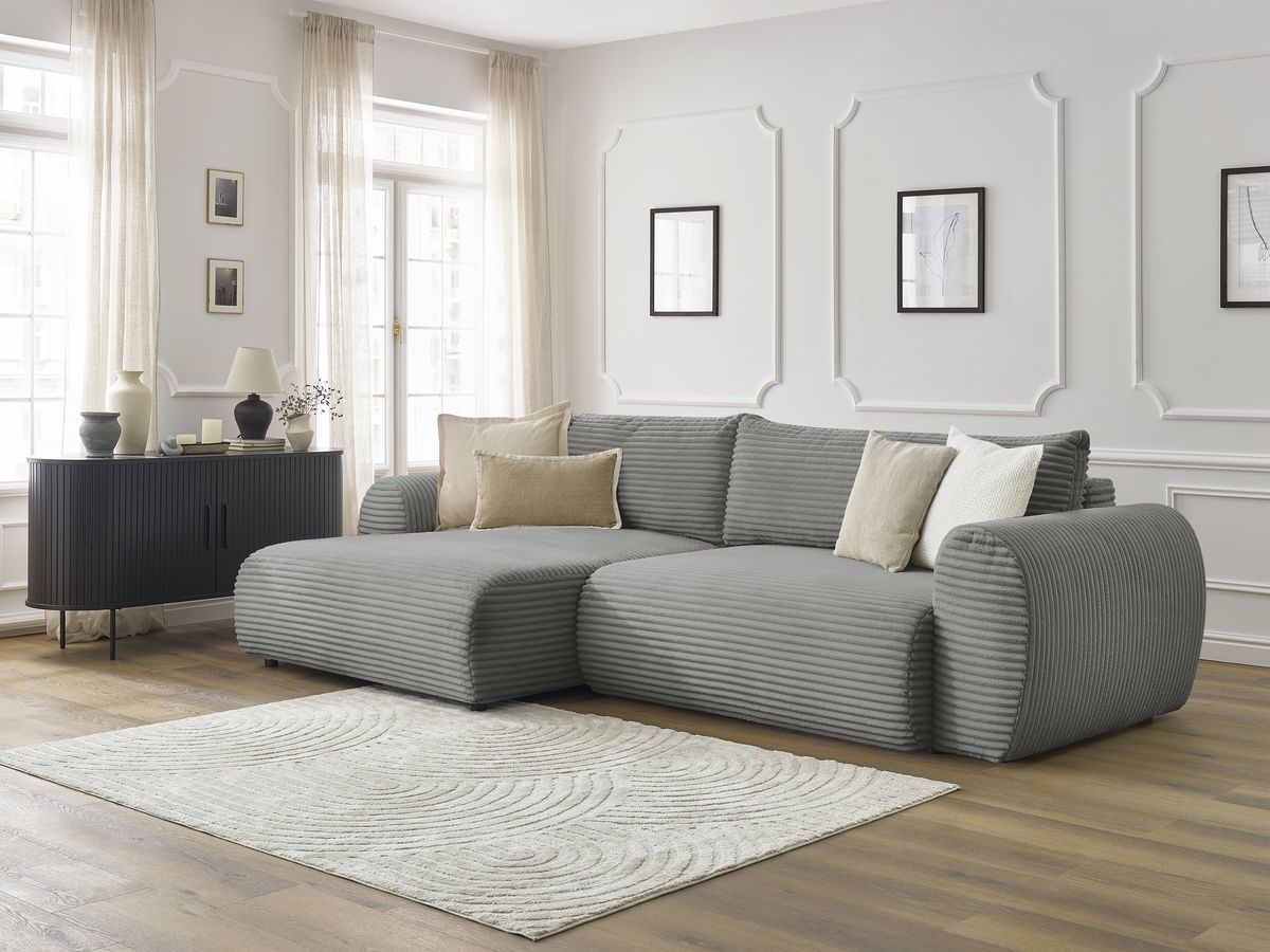 Bobochic Lucien Ecksofa mit Schlaffunktion und Bettkasten 314 × 167 cm Breitcord weich Dunkelgrau Ecke links