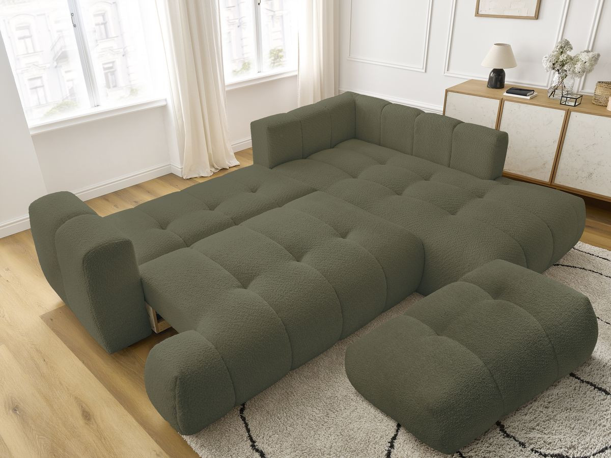 Bobochic Fuji Ecksofa mit Schlaffunktion und Bettkasten und Pouf 282 × 204 cm Bouclé-Stoff Grün Ecke rechts