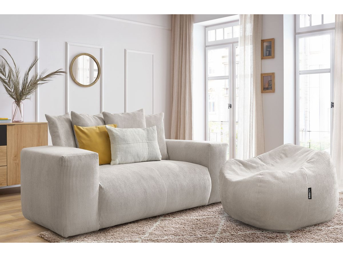 Bobochic Voltaire Sofa 2-Sitzer mit Pouf Cordsamt Beige