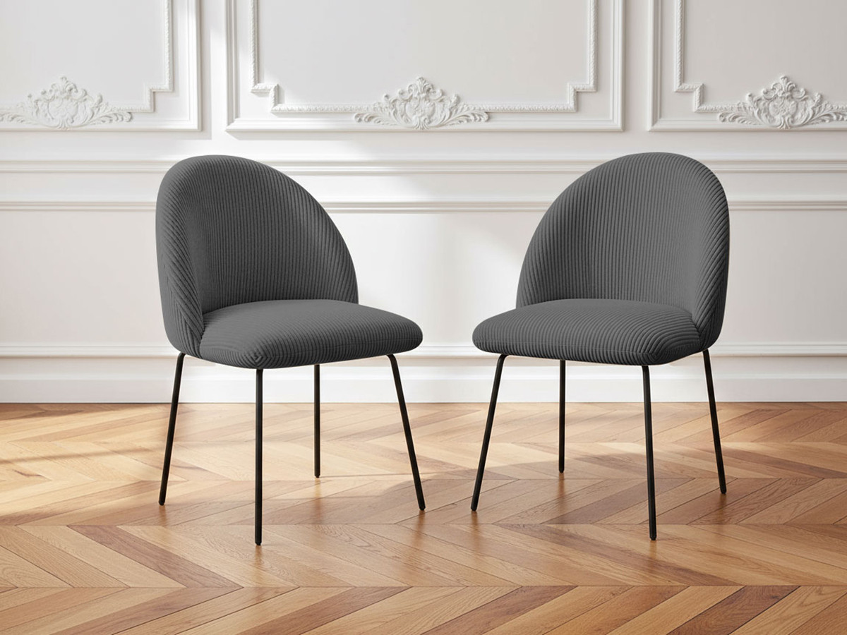 Bobochic Lalie Esszimmerstuhl 2er-Set mit Metallbeinen, schwarz Cordsamt Dunkelgrau