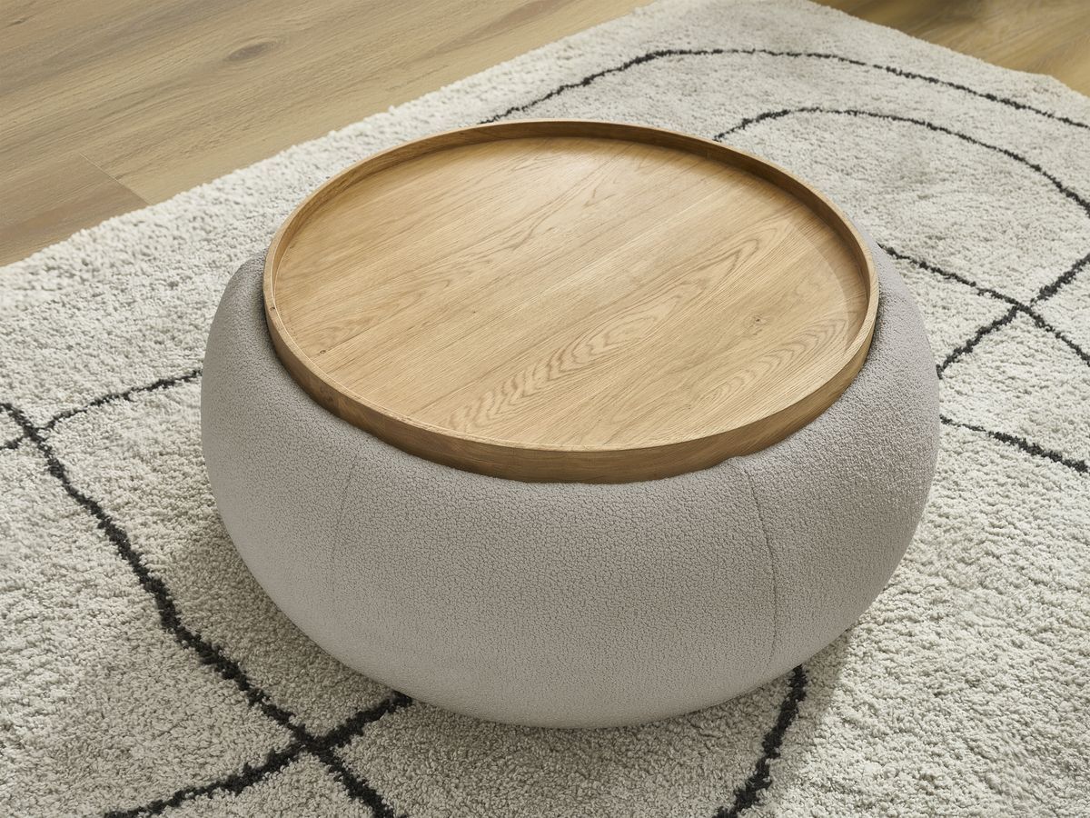 Bobochic Hayden Pouf mit Tablett, rund Bouclé-Stoff Taupe, 87 cm