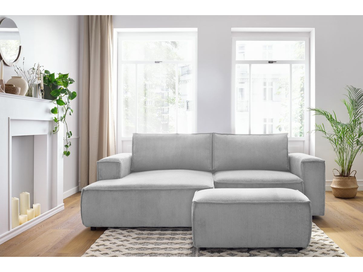Bobochic Nihad Ecksofa mit Pouf Cordsamt Hellgrau Ecke links