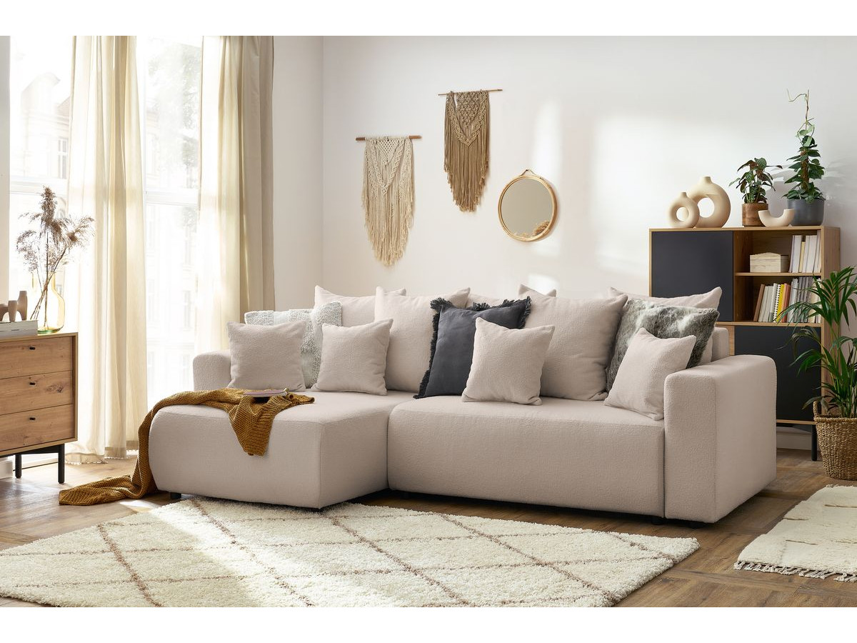 Bobochic Envy Ecksofa mit Schlaffunktion und Bettkasten Bouclé-Stoff Beige