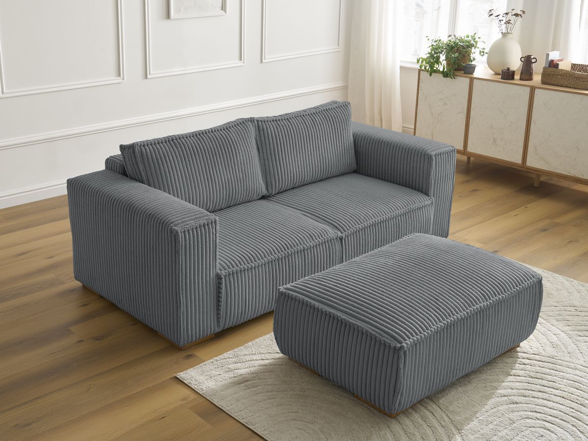 Bobochic Chelsea Sofa 3-Sitzer mit Pouf Breitcord weich Dunkelgrau