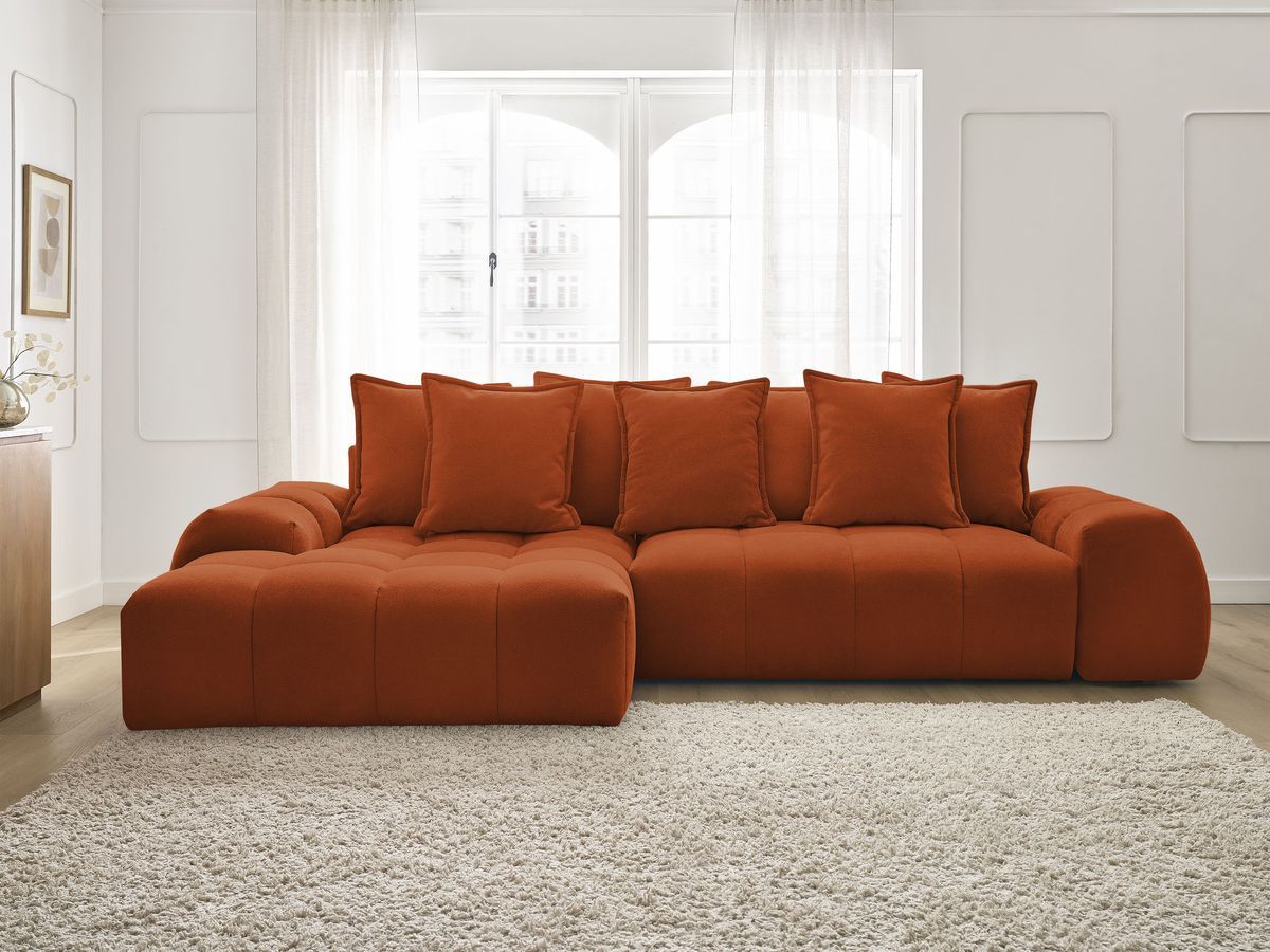 Bobochic Everest Ecksofa mit Schlaffunktion und Bettkasten 318 × 180 cm, 7 Kissen Strukturstoff Orange Ecke links