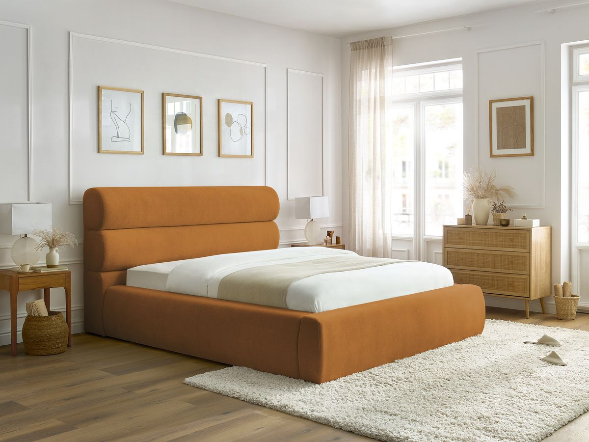 Bobochic Jagna Polsterbett mit Bettkasten Stoff Gelb, Liegefläche 140 × 190 cm
