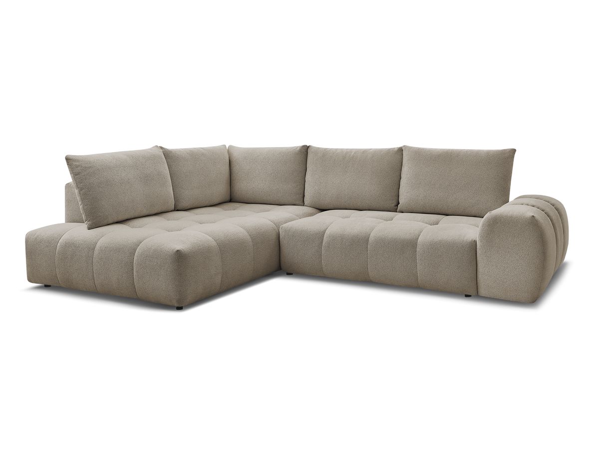 Bobochic Everest Ecksofa mit Schlaffunktion und Bettkasten 320 × 212 cm, 5 Kissen Melange-Stoff Taupe Ecke links
