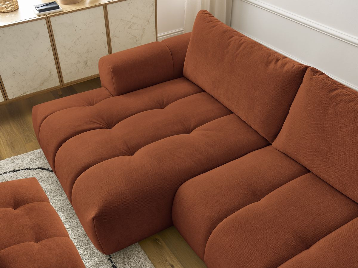 Bobochic Fuji Ecksofa mit Schlaffunktion und Bettkasten und Pouf 292 × 160 cm Stoff Orange Ecke links