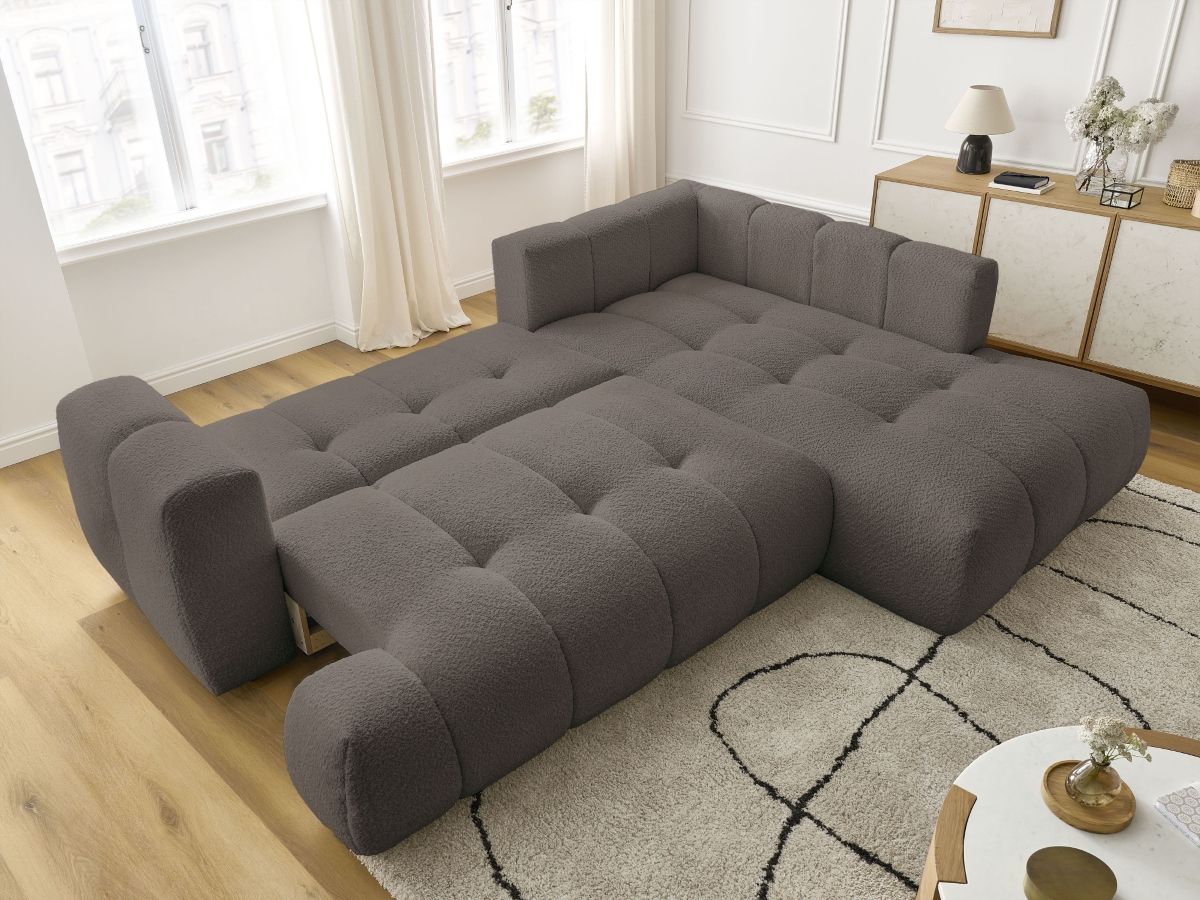 Bobochic Fuji Ecksofa mit Schlaffunktion und Bettkasten 282 × 204 cm Bouclé-Stoff Braun Ecke rechts