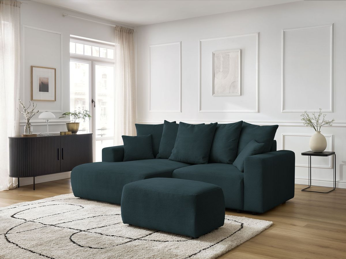 Bobochic Atilla Ecksofa mit Schlaffunktion und Bettkasten und Pouf Cordsamt Dunkelblau Ecke links