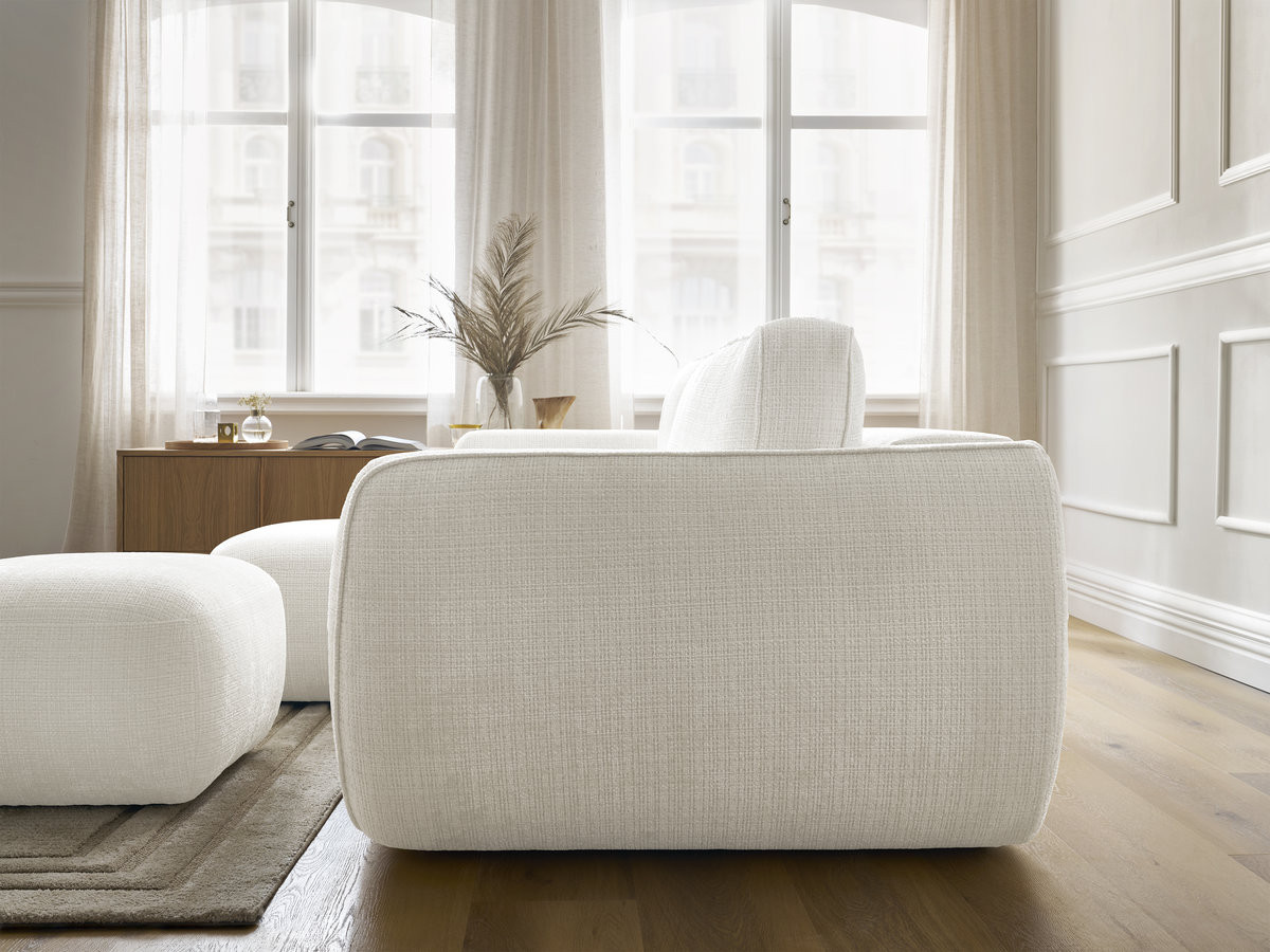 Bobochic Denise Ecksofa mit Schlaffunktion und Bettkasten und Pouf 258 × 160 cm Strukturstoff Weiß Ecke links