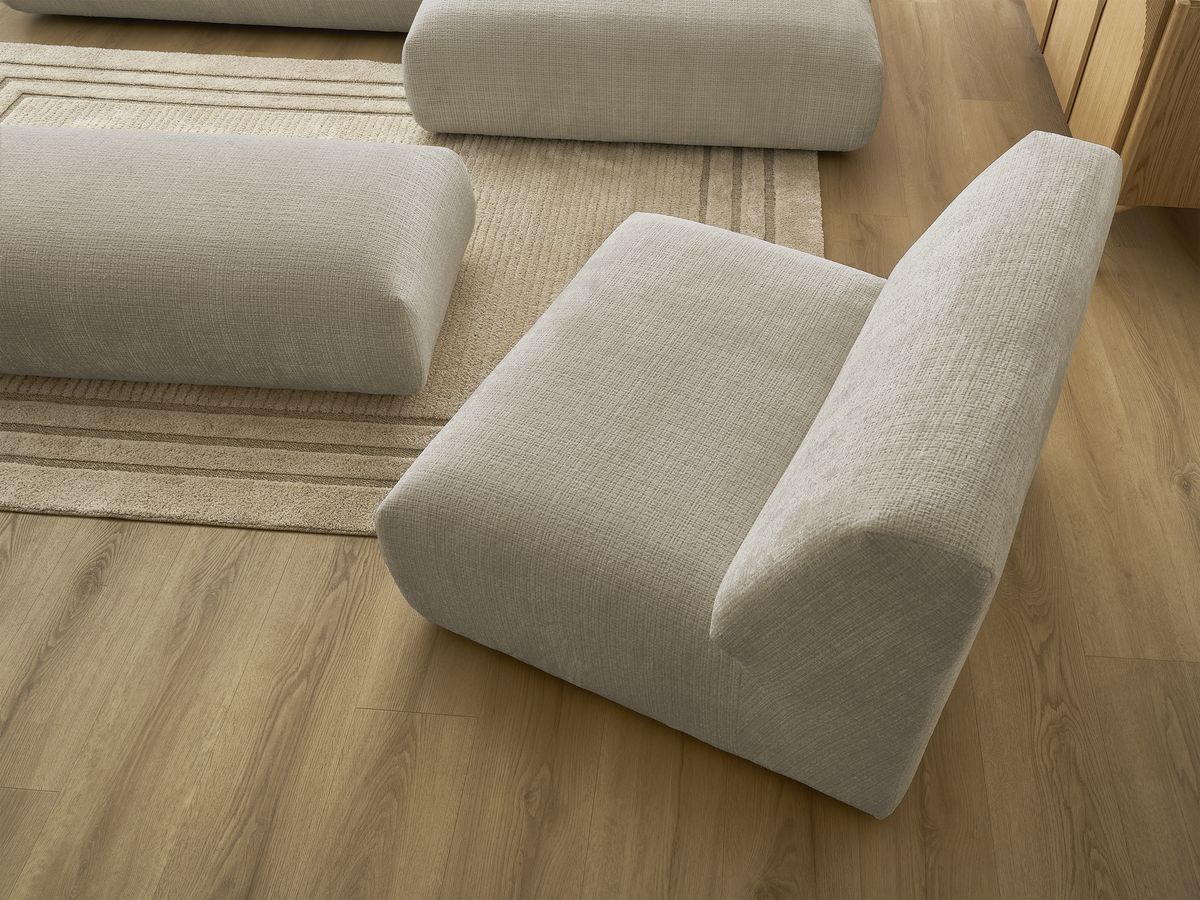 Bobochic Sirius Ecksofa mit Pouf 405 × 170 cm Strukturstoff Beige Ecke rechts