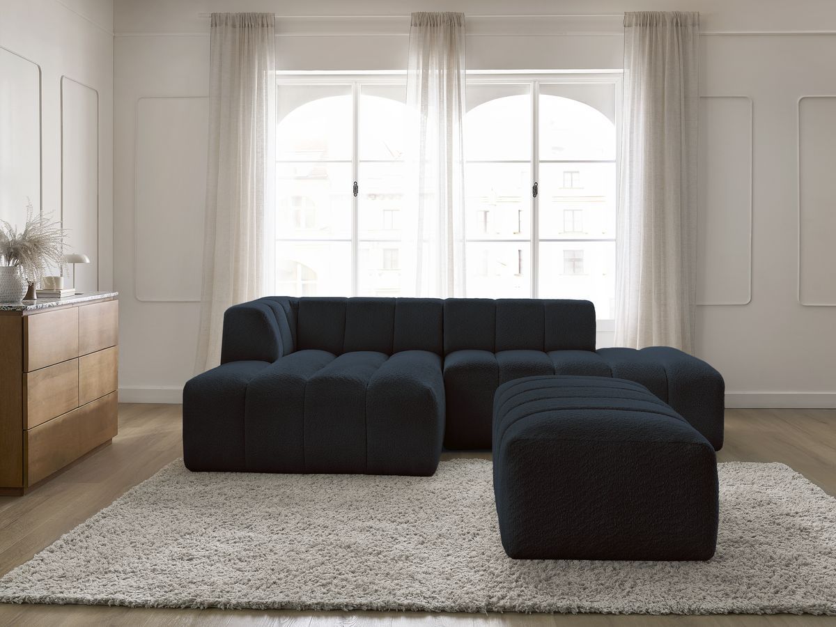 Bobochic Annecy Ecksofa mit Pouf Bouclé-Stoff Dunkelblau Ecke links