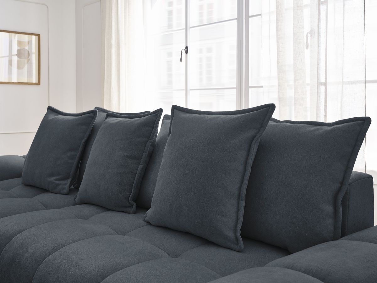 Bobochic Everest Ecksofa mit Schlaffunktion und Bettkasten und Pouf 318 × 180 cm, 7 Kissen Strukturstoff Blau Ecke links
