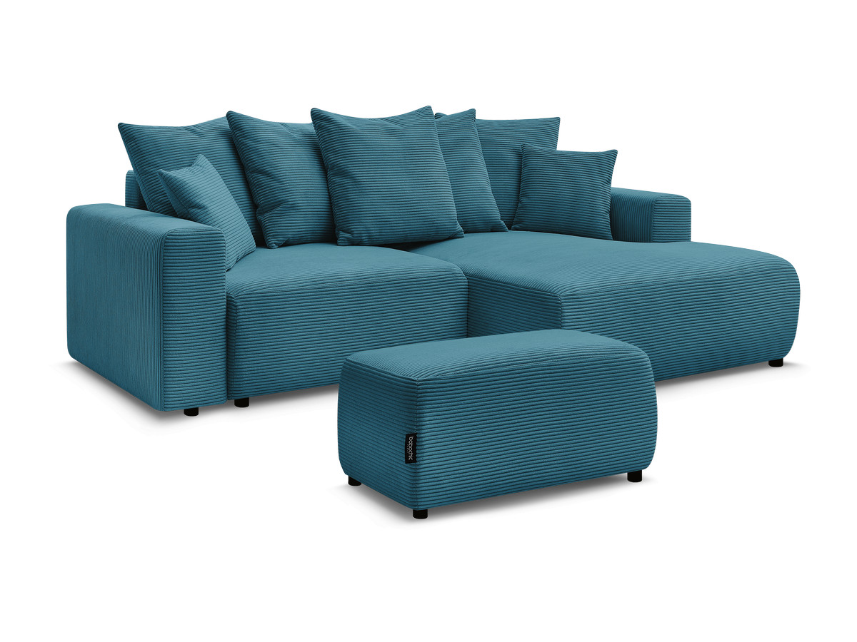 Bobochic Atilla Ecksofa mit Schlaffunktion und Bettkasten und Pouf Cordsamt Hellblau Ecke rechts