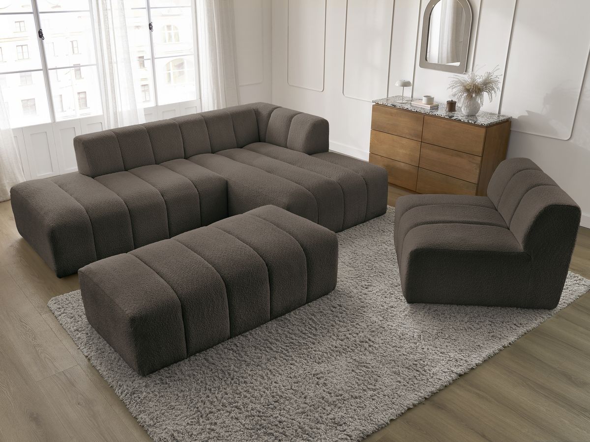 Bobochic Annecy Ecksofa mit Sofamodul und Pouf Bouclé-Stoff Braun Ecke rechts