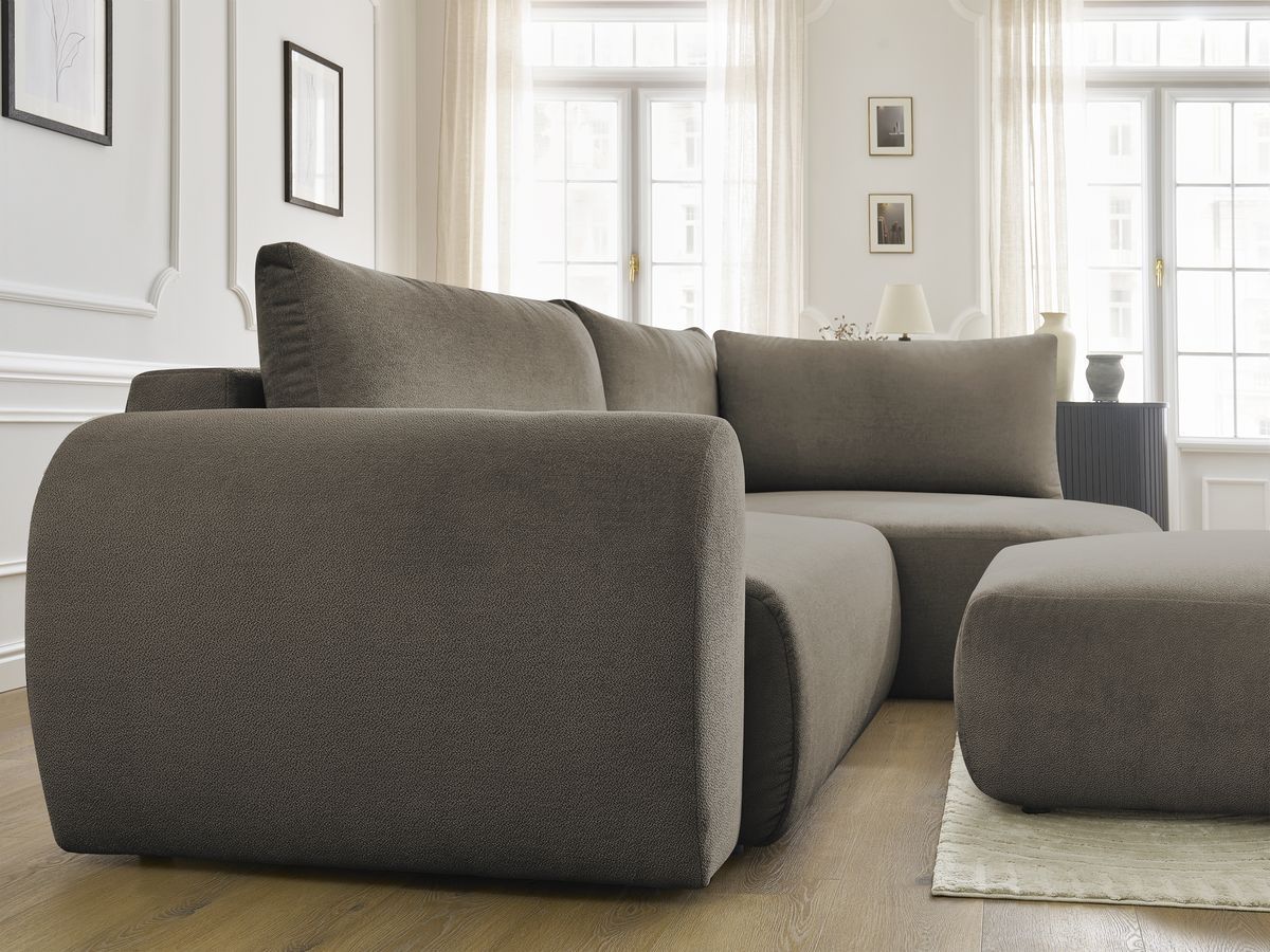 Bobochic Lucien Ecksofa mit Schlaffunktion und Bettkasten und Pouf 296 × 198 cm Stoff Taupe Ecke rechts